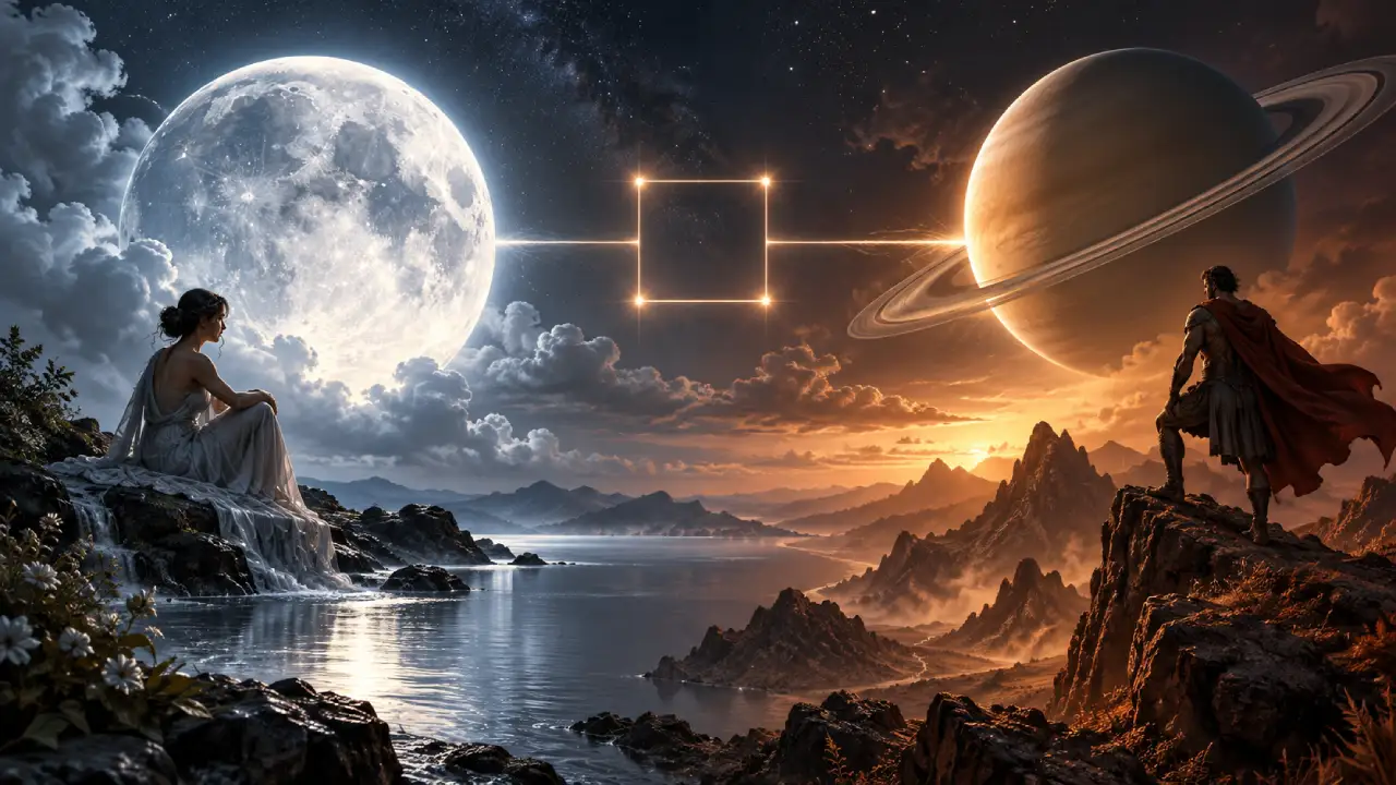 Lua em Câncer em quadratura com Saturno em Áries simboliza tensão entre sensibilidade, limites, cobranças e responsabilidades