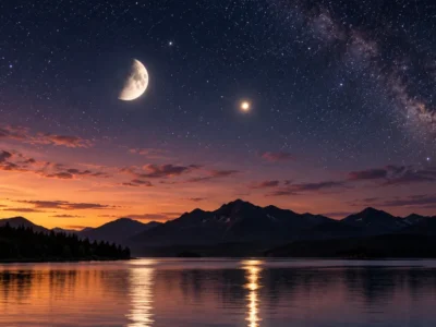 Lua e Vênus aparecem próximas no céu sobre lago e montanhas ao entardecer