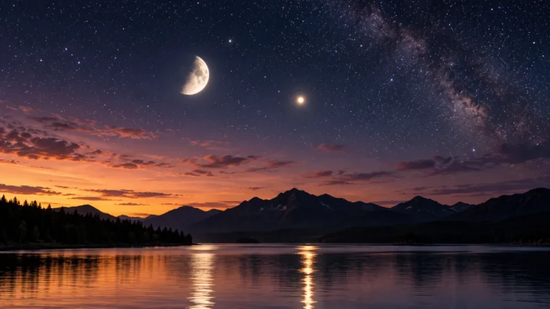 Lua e Vênus aparecem próximas no céu sobre lago e montanhas ao entardecer