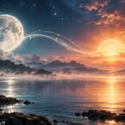 Lua em Câncer e Sol em Escorpião em harmonia sobre paisagem aquática simbolizam equilíbrio emocional, clareza e cooperação