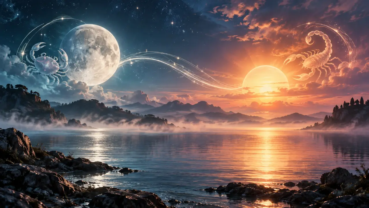 Lua em Câncer e Sol em Escorpião em harmonia sobre paisagem aquática simbolizam equilíbrio emocional, clareza e cooperação