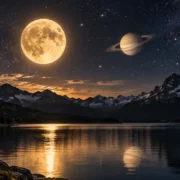 Lua e Saturno aparecem sobre lago e montanhas sob céu estrelado
