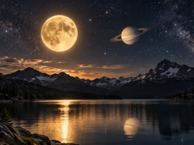 Lua e Saturno aparecem sobre lago e montanhas sob céu estrelado