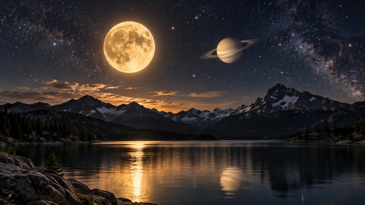 Lua e Saturno aparecem sobre lago e montanhas sob céu estrelado