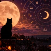 Lua cheia, gato preto, abóboras e símbolos do zodíaco em cenário de Halloween