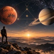 Pessoa observa Marte e Saturno sob céu astrológico, simbolizando disciplina, constância e avanço gradual
