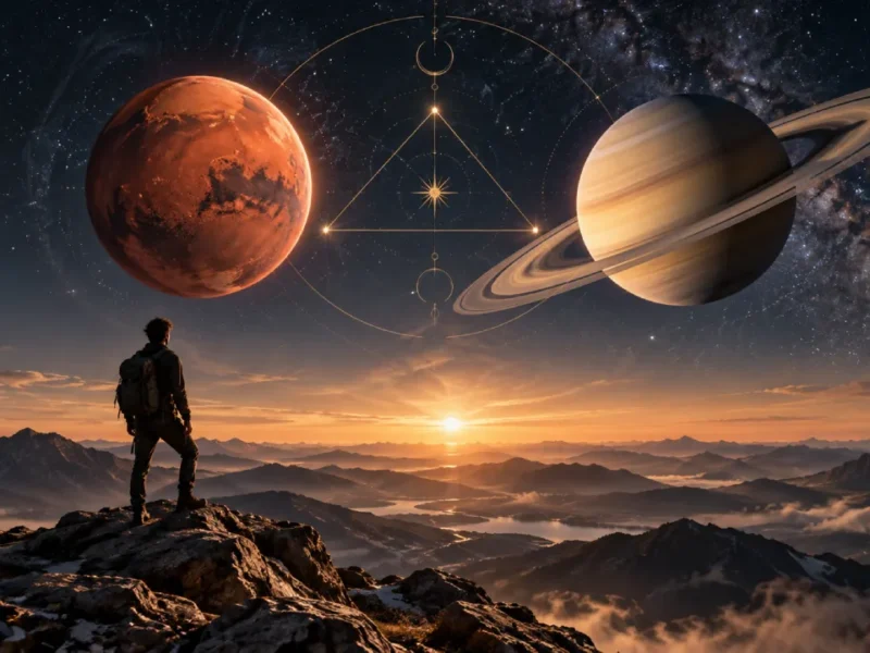Pessoa observa Marte e Saturno sob céu astrológico, simbolizando disciplina, constância e avanço gradual
