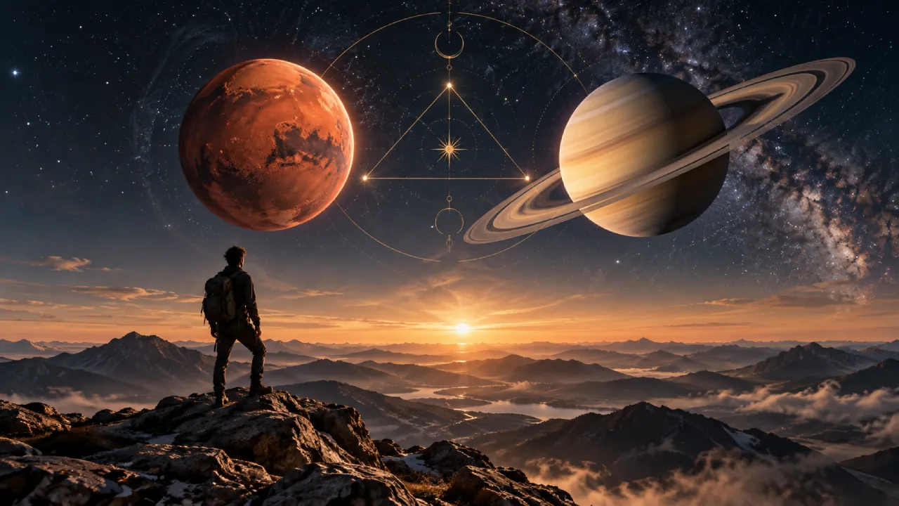 Pessoa observa Marte e Saturno sob céu astrológico, simbolizando disciplina, constância e avanço gradual