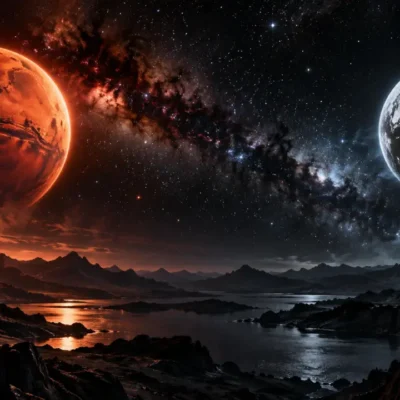 Paisagem cósmica com dois planetas em oposição sobre montanhas e lago sob céu estrelado