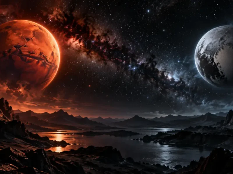 Paisagem cósmica com dois planetas em oposição sobre montanhas e lago sob céu estrelado