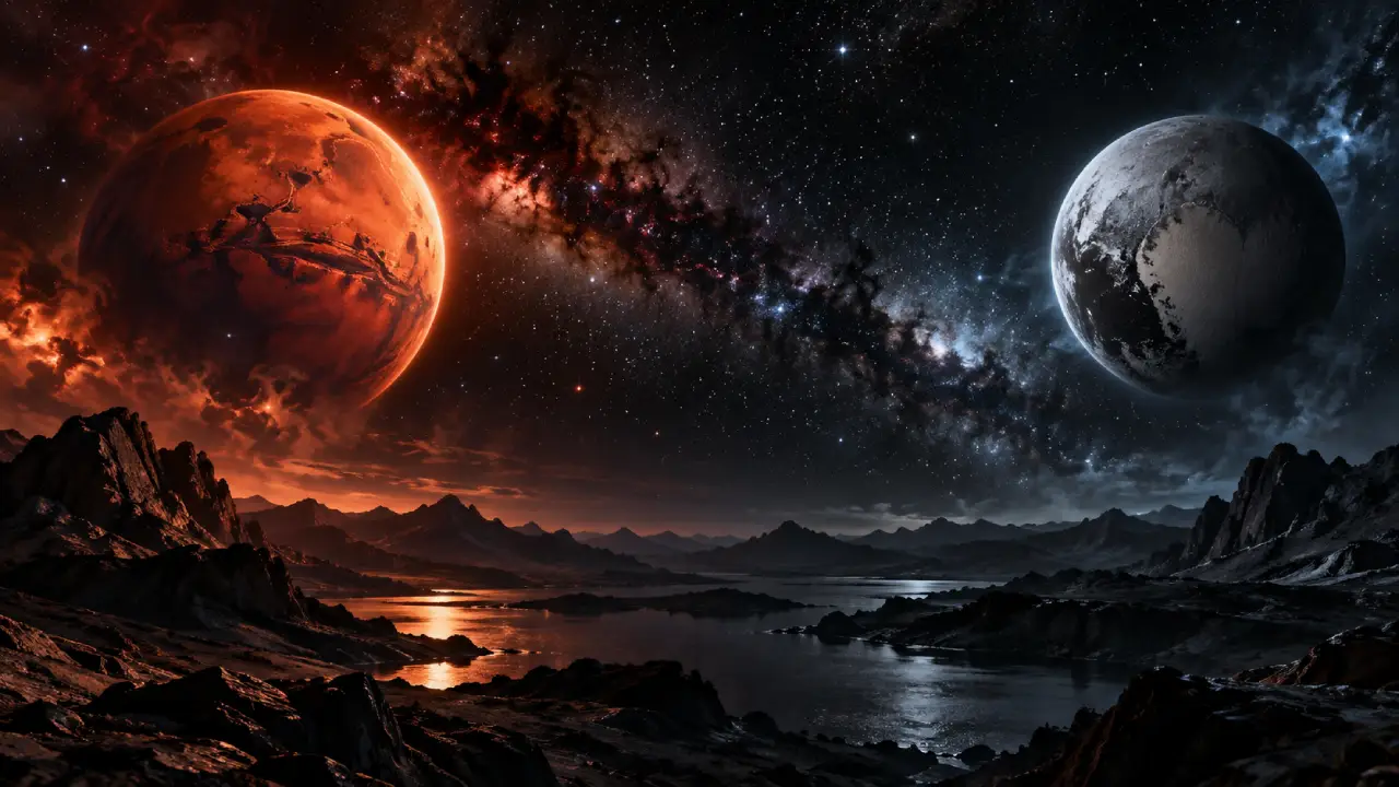 Paisagem cósmica com dois planetas em oposição sobre montanhas e lago sob céu estrelado