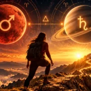 Pessoa sobe trilha em direção ao topo sob Marte e Saturno, simbolizando disciplina e constância
