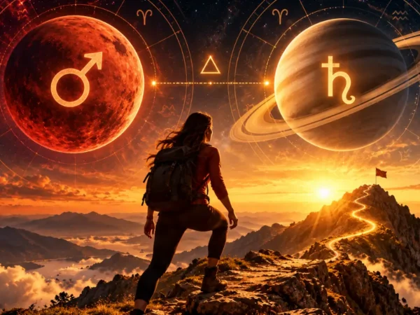 Pessoa sobe trilha em direção ao topo sob Marte e Saturno, simbolizando disciplina e constância