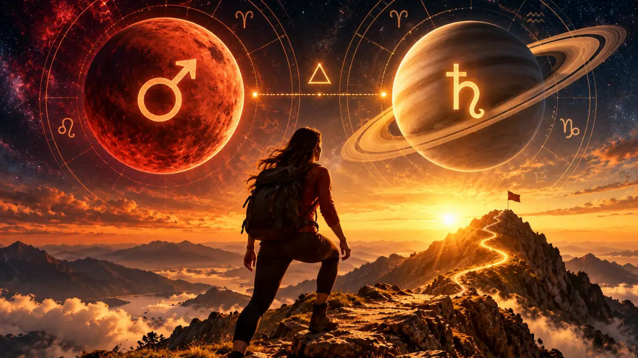 Pessoa sobe trilha em direção ao topo sob Marte e Saturno, simbolizando disciplina e constância