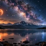 Paisagem noturna com lago, montanhas e dois planetas em tons vermelho e azul no céu estrelado