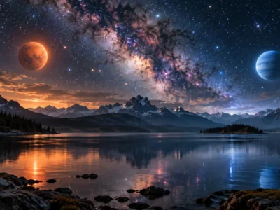 Paisagem noturna com lago, montanhas e dois planetas em tons vermelho e azul no céu estrelado