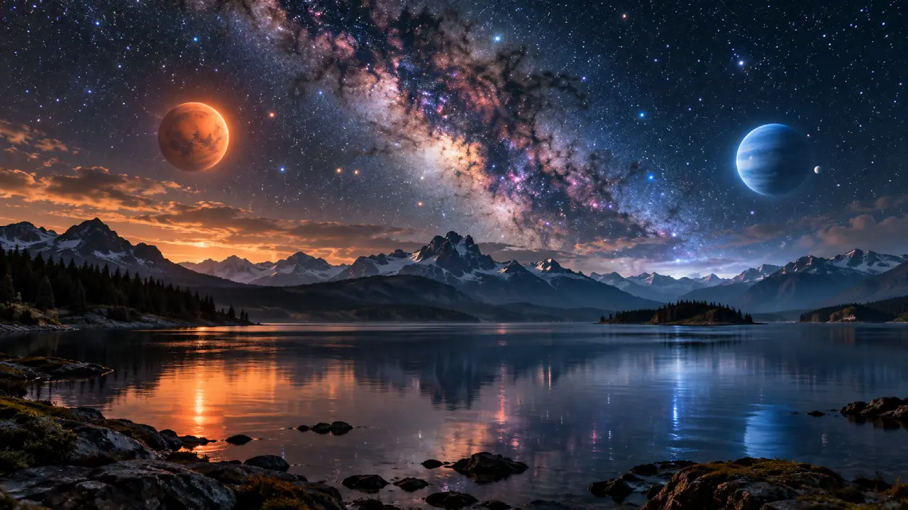 Paisagem noturna com lago, montanhas e dois planetas em tons vermelho e azul no céu estrelado