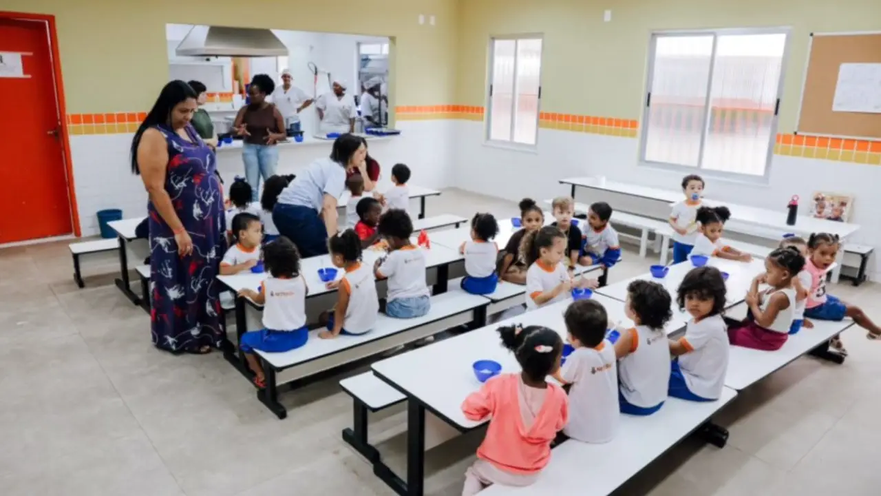 Crianças realizando atividades escolares em mesas coloridas dentro de uma sala de aula.