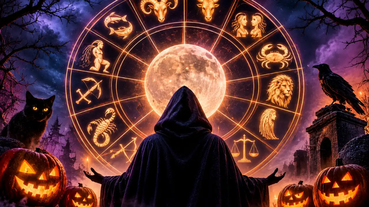 Roda do zodíaco iluminada no Halloween simboliza os medos, sombras e mecanismos de defesa dos 12 signos Roda do zodíaco iluminada no Halloween simboliza os medos, sombras e mecanismos de defesa dos 12 signos