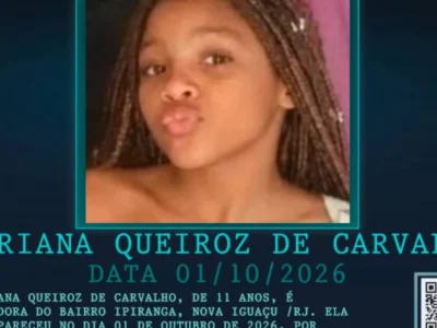 Cartaz do Disque Denúncia procura Mariana Queiroz de Carvalho, de 11 anos, desaparecida em Nova Iguaçu