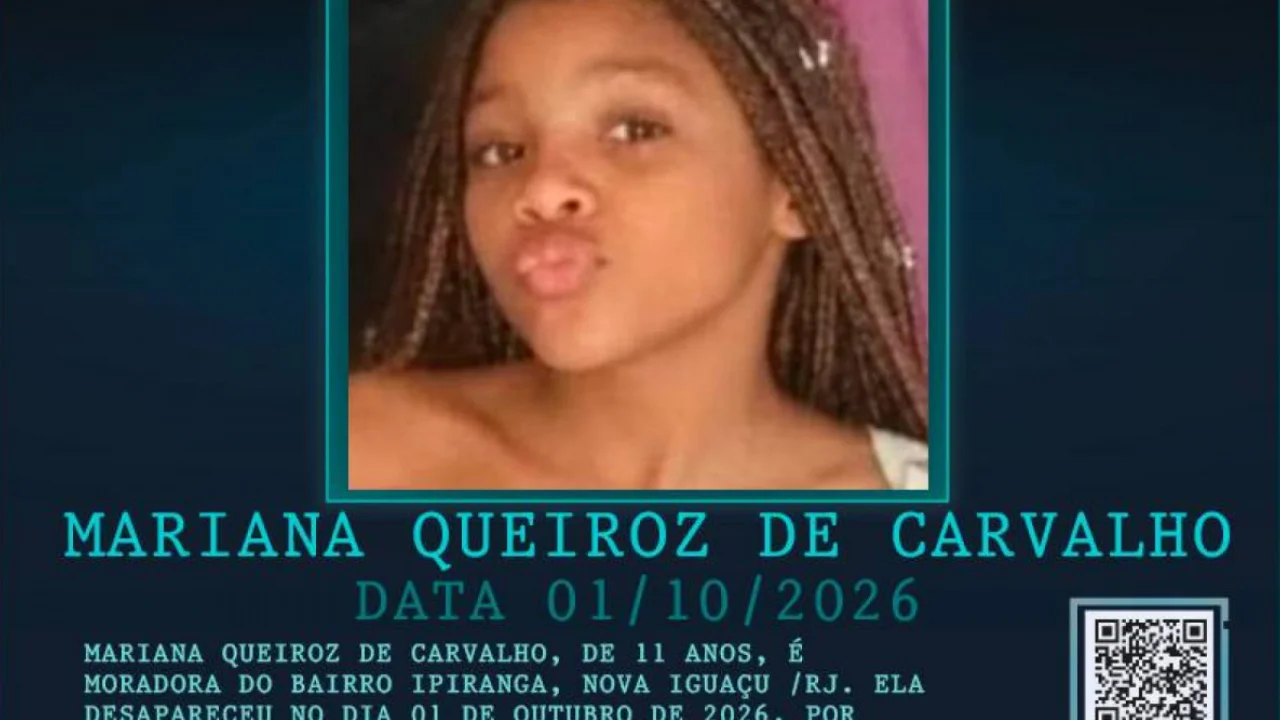 Cartaz do Disque Denúncia procura Mariana Queiroz de Carvalho, de 11 anos, desaparecida em Nova Iguaçu