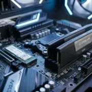 Placa-mãe de computador com módulos de memória RAM e componentes de armazenamento, em imagem ilustrativa do mercado de PCs.