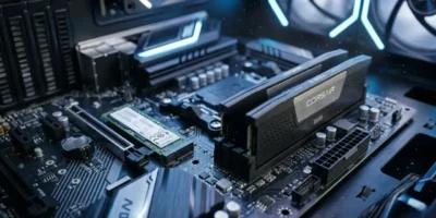 Placa-mãe de computador com módulos de memória RAM e componentes de armazenamento, em imagem ilustrativa do mercado de PCs.