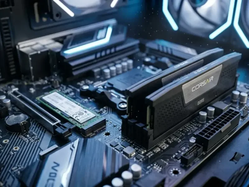 Placa-mãe de computador com módulos de memória RAM e componentes de armazenamento, em imagem ilustrativa do mercado de PCs.