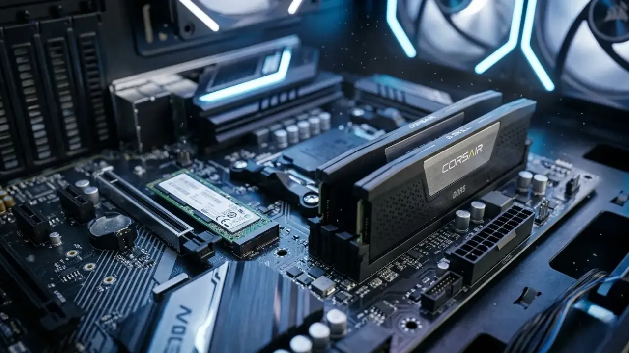 Placa-mãe de computador com módulos de memória RAM e componentes de armazenamento, em imagem ilustrativa do mercado de PCs.