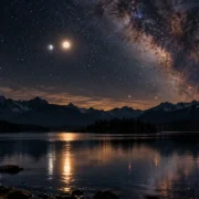 Dois planetas próximos no céu estrelado sobre lago e montanhas