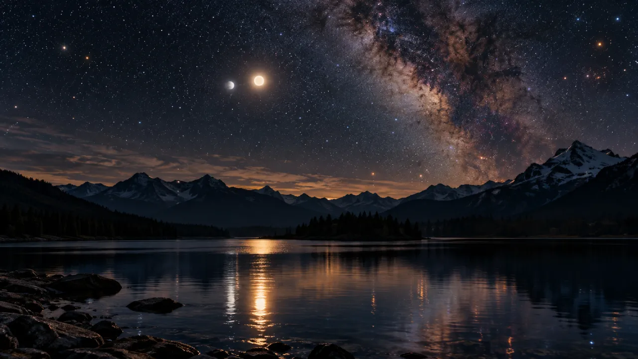 Dois planetas próximos no céu estrelado sobre lago e montanhas