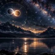 Dois planetas em conjunção aparecem sobre lago e montanhas sob céu estrelado