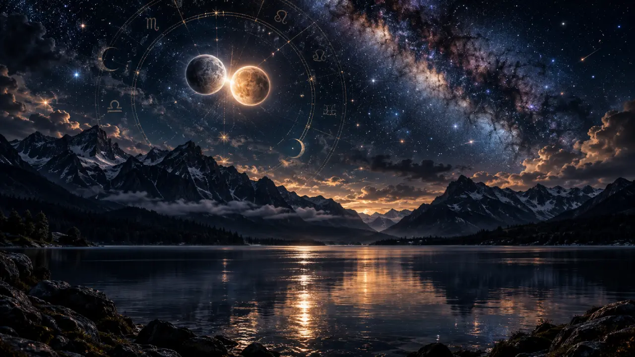 Dois planetas em conjunção aparecem sobre lago e montanhas sob céu estrelado Dois planetas em conjunção aparecem sobre lago e montanhas sob céu estrelado