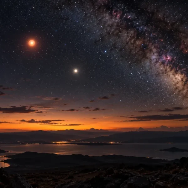Céu estrelado com dois pontos luminosos sobre montanhas e horizonte ao entardecer.