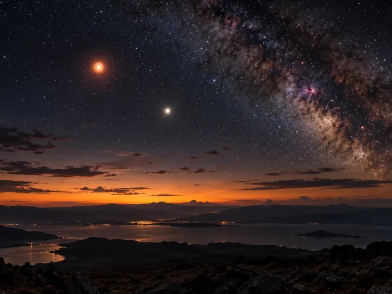 Céu estrelado com dois pontos luminosos sobre montanhas e horizonte ao entardecer.