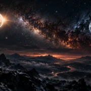 Paisagem cósmica com dois planetas em contraste sobre montanhas e céu estrelado