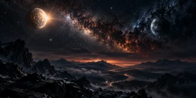 Paisagem cósmica com dois planetas em contraste sobre montanhas e céu estrelado