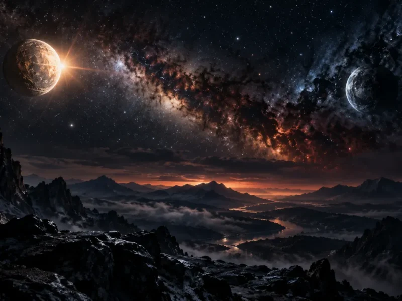 Paisagem cósmica com dois planetas em contraste sobre montanhas e céu estrelado