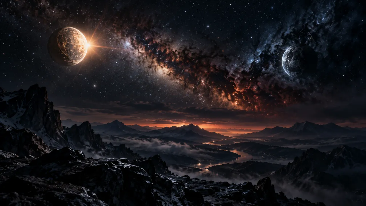 Paisagem cósmica com dois planetas em contraste sobre montanhas e céu estrelado Paisagem cósmica com dois planetas em contraste sobre montanhas e céu estrelado