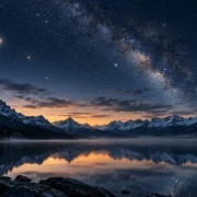 Mercúrio e Saturno aparecem no céu estrelado sobre lago e montanhas