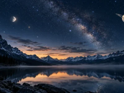 Mercúrio e Saturno aparecem no céu estrelado sobre lago e montanhas