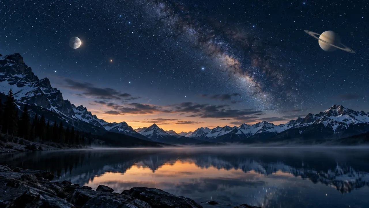 Mercúrio e Saturno aparecem no céu estrelado sobre lago e montanhas