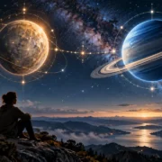 Pessoa observa representação de Mercúrio e Saturno sob céu estrelado em cenário astrológico