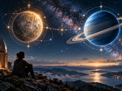 Pessoa observa representação de Mercúrio e Saturno sob céu estrelado em cenário astrológico