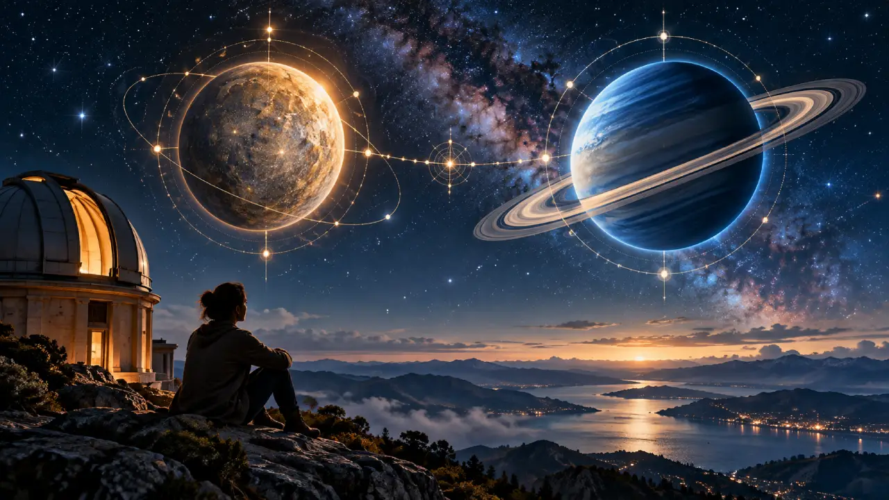 Pessoa observa representação de Mercúrio e Saturno sob céu estrelado em cenário astrológico
