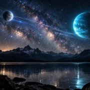 Dois planetas em contraste sobre lago e montanhas sob céu estrelado