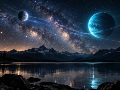 Dois planetas em contraste sobre lago e montanhas sob céu estrelado