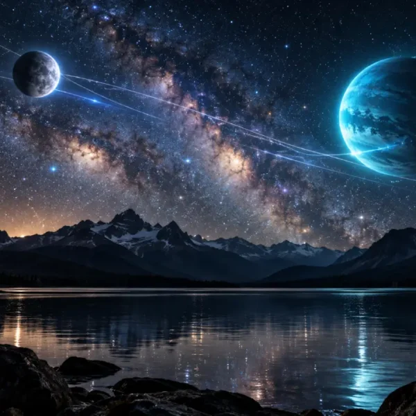 Dois planetas em contraste sobre lago e montanhas sob céu estrelado