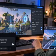 Desenvolvedor utiliza óculos de realidade virtual enquanto cria um ambiente 3D com inteligência artificial, usando ferramentas da Meta e da Vercel.