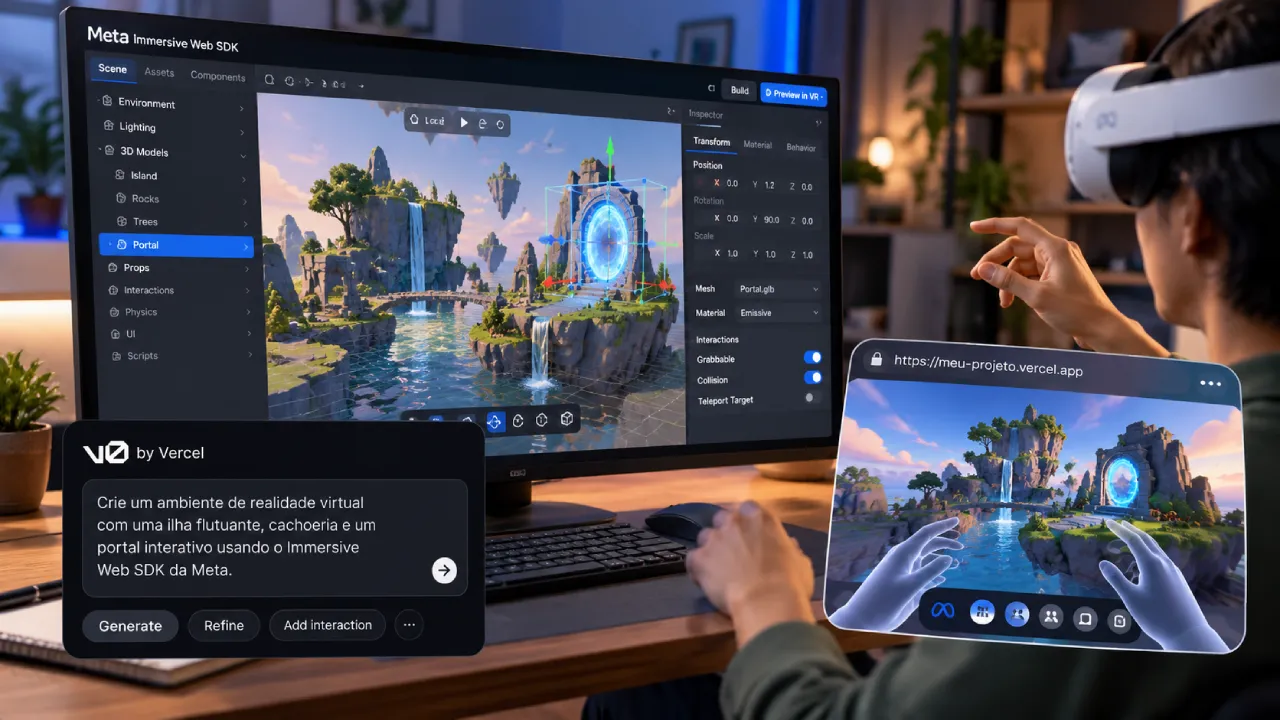 Desenvolvedor utiliza óculos de realidade virtual enquanto cria um ambiente 3D com inteligência artificial, usando ferramentas da Meta e da Vercel.